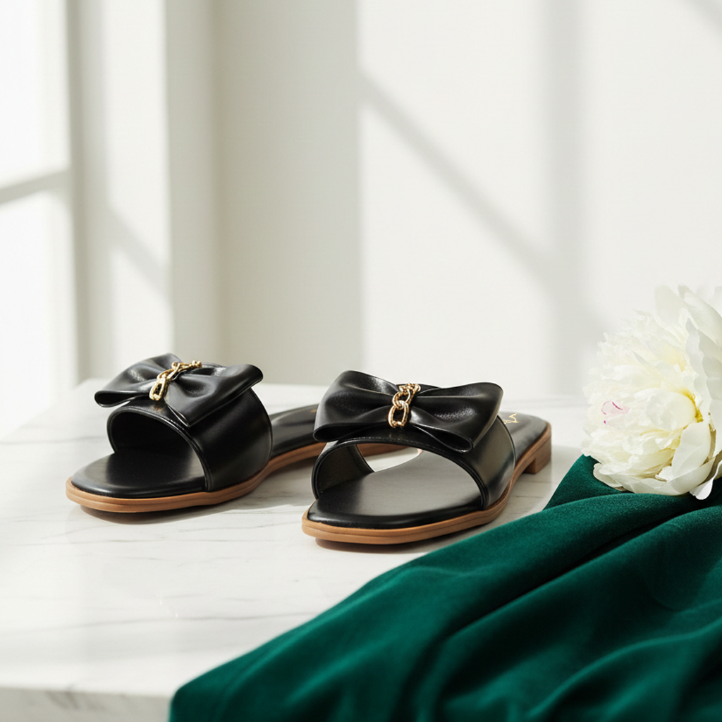 Black Bow Chain Slides